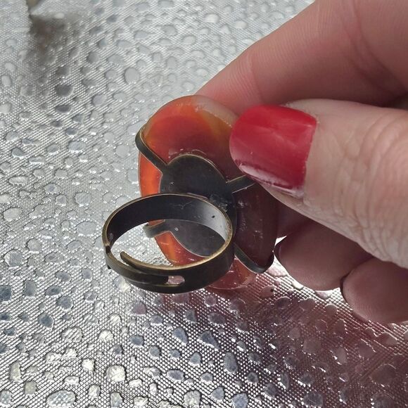 "5/$25" Vintage Amber Colored Orange Gemstone Brass Adjustable Ring 70's - Picture 4 of 8
